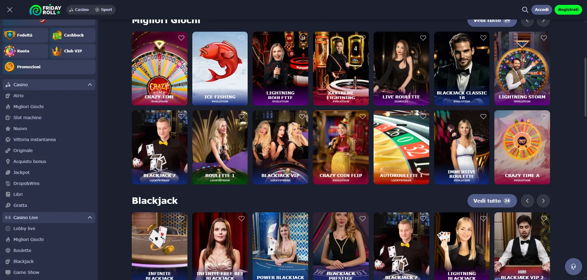 FridayRoll Casino live dealer Italia — giochi in tempo reale con croupier