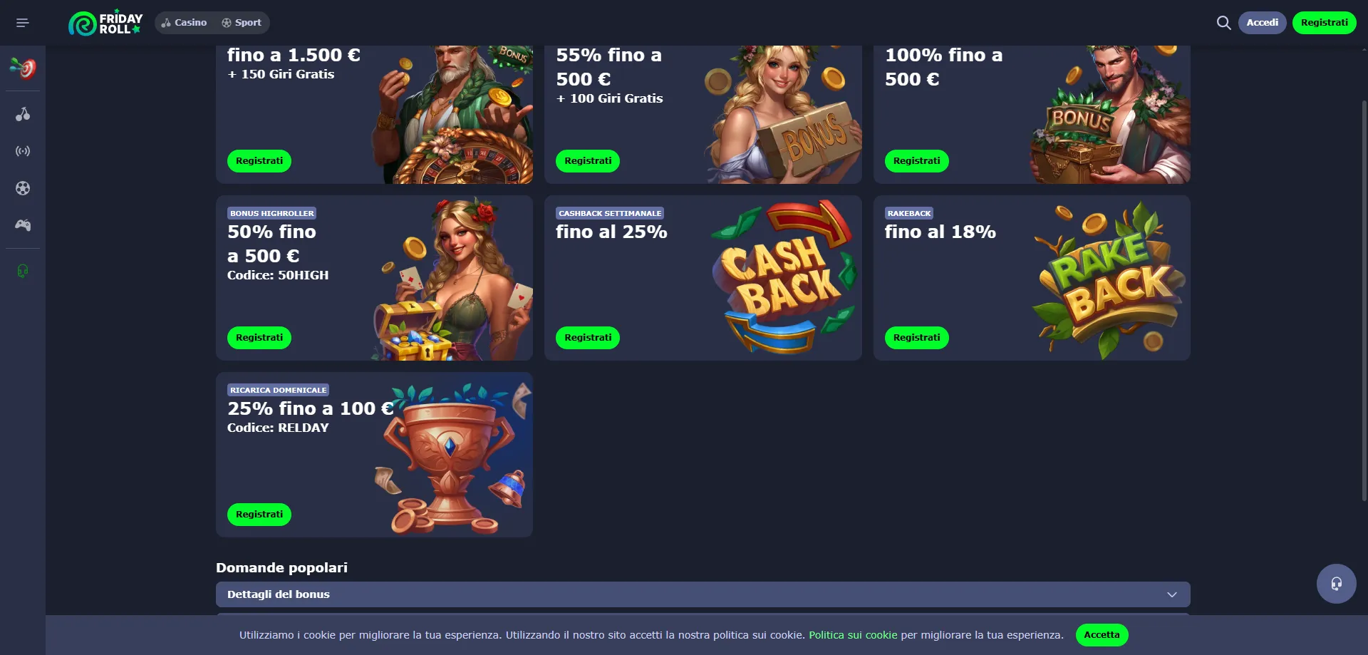 FridayRoll Casino bonus benvenuto 250 giri gratuiti — offerta Italia