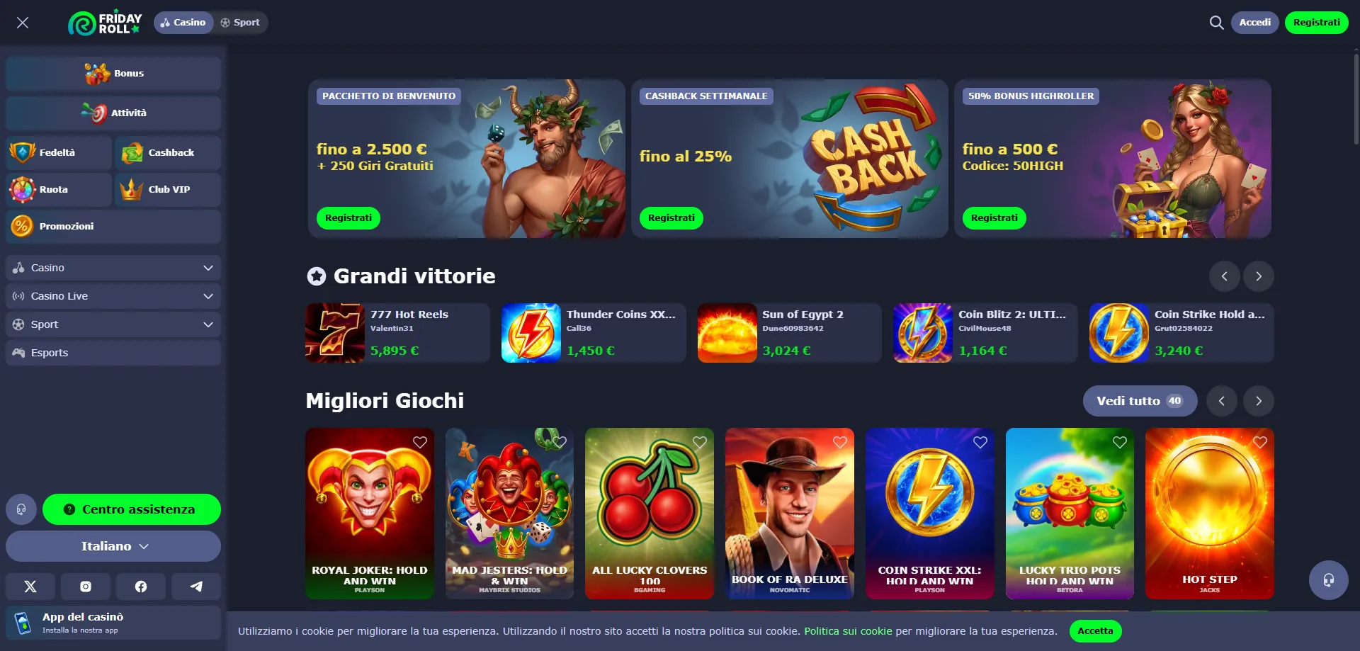 FridayRoll Casino sito ufficiale Italia — interfaccia moderna e intuitiva