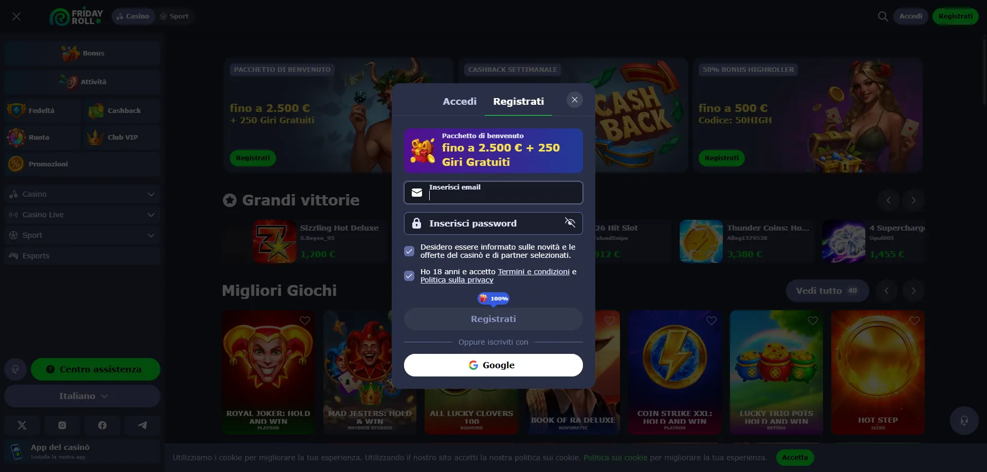 Registrazione su FridayRoll Casino Italia — crea il tuo account
