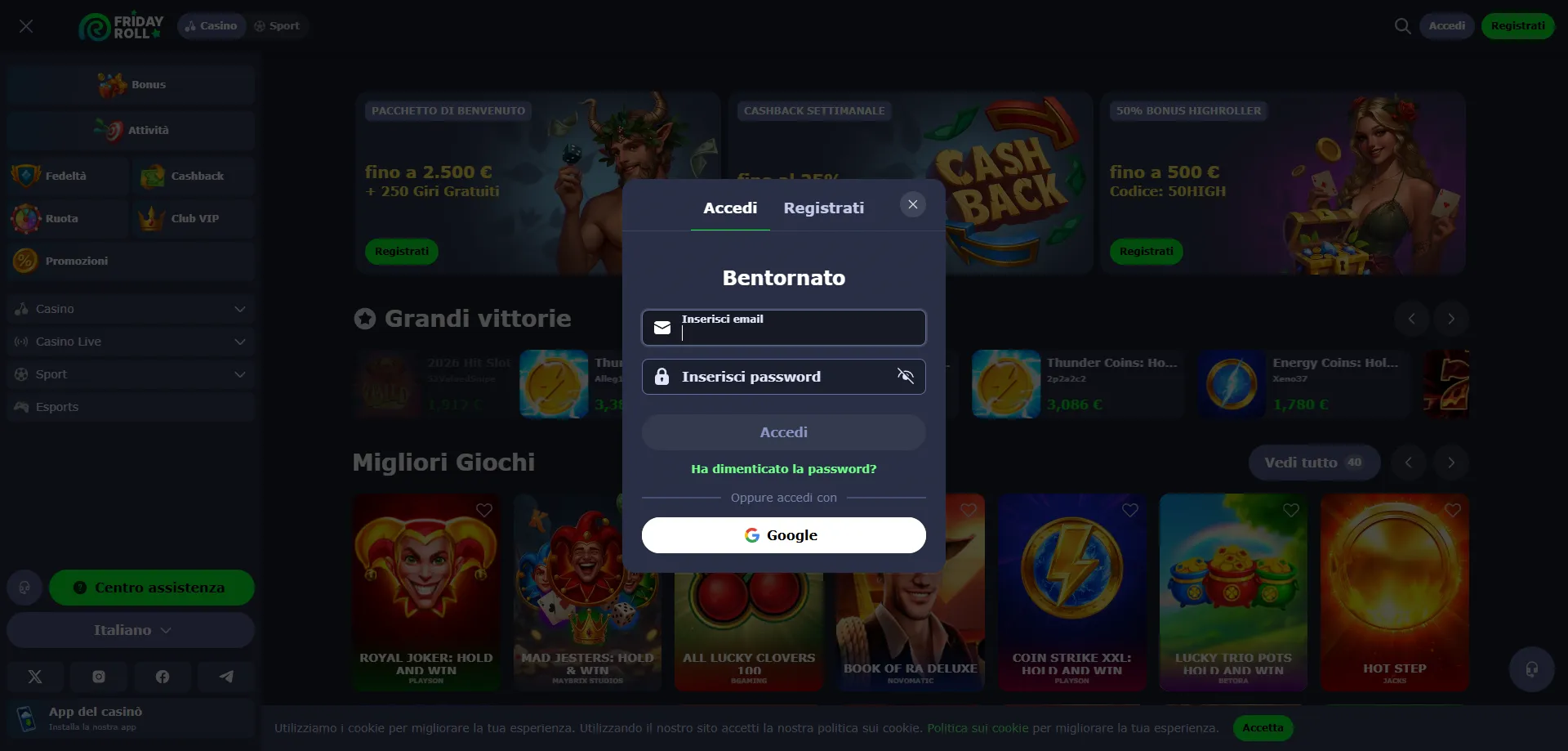 Accesso account FridayRoll Casino Italia — login sicuro e veloce